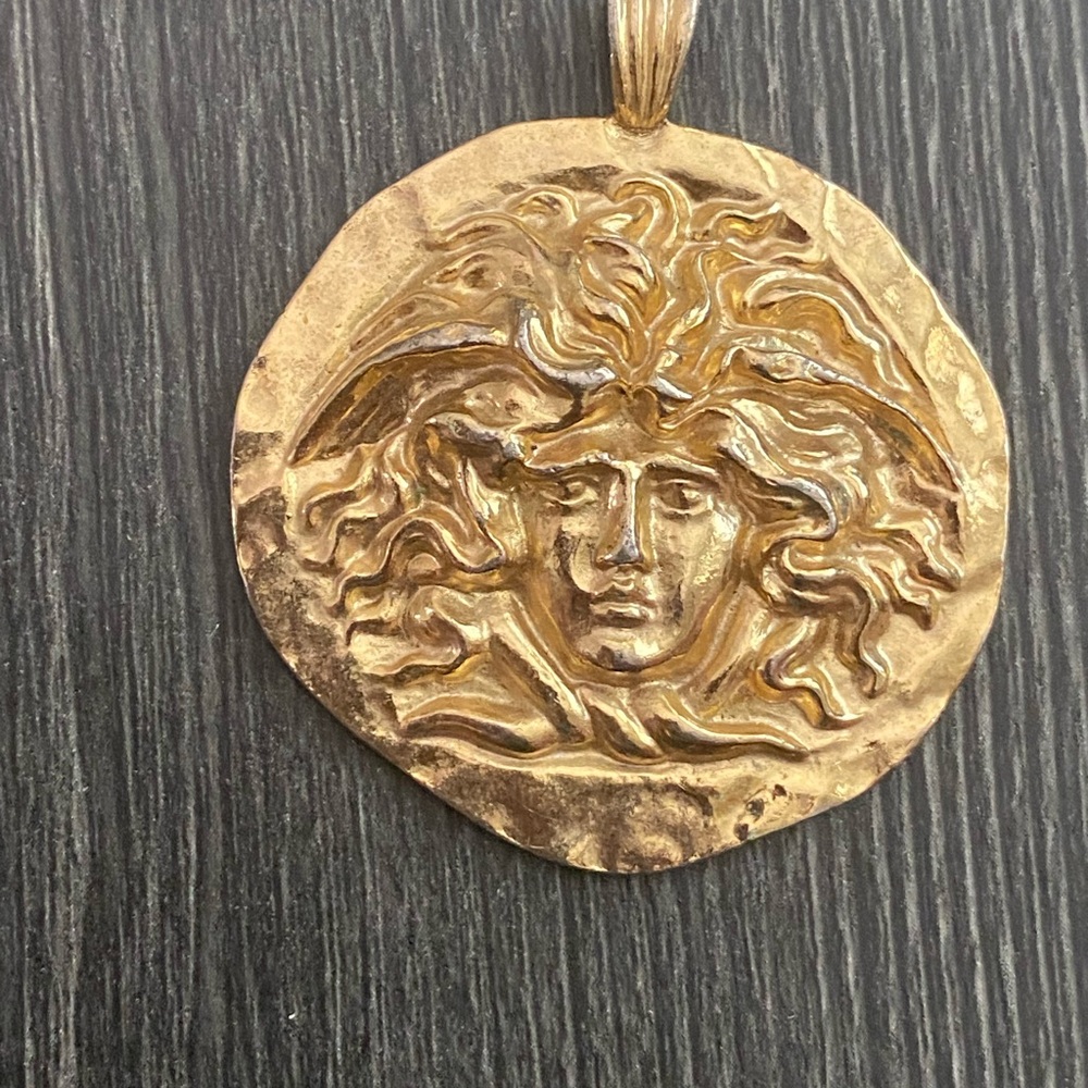 Gold  tone signed BM Medusa Relief Pendant Necklace - Women Jewelry
